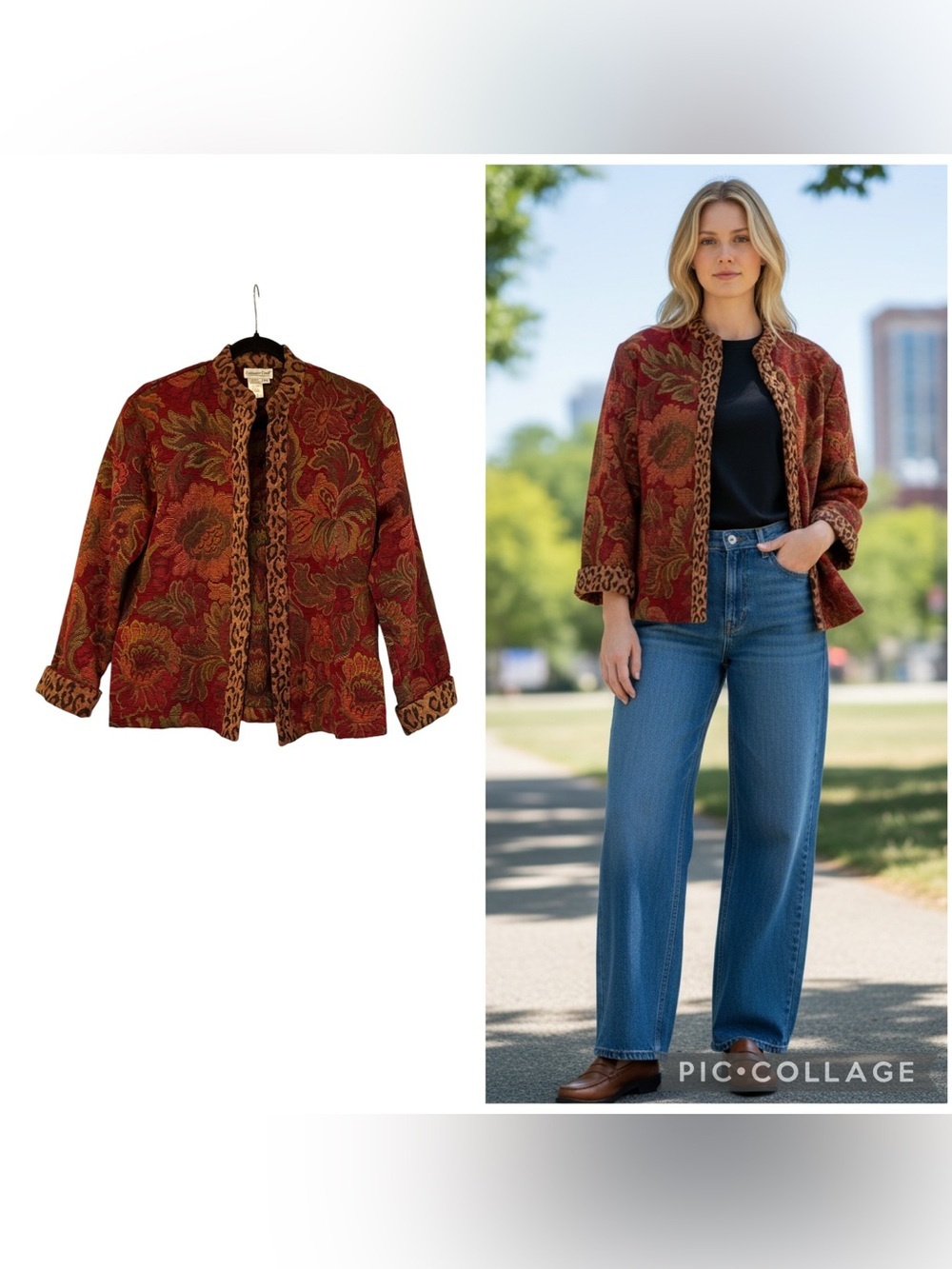 Vintage Coldwater Creek Floral Tapestry Jacket Leopard Trim Size Petite Small PS